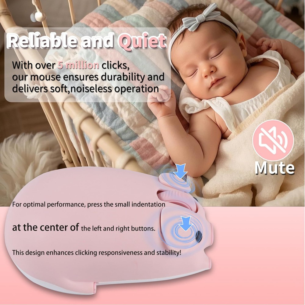 Cute Pig Design Wireless Mouse Dual Mode Bluetooth & USB Mouse Silent Operati...