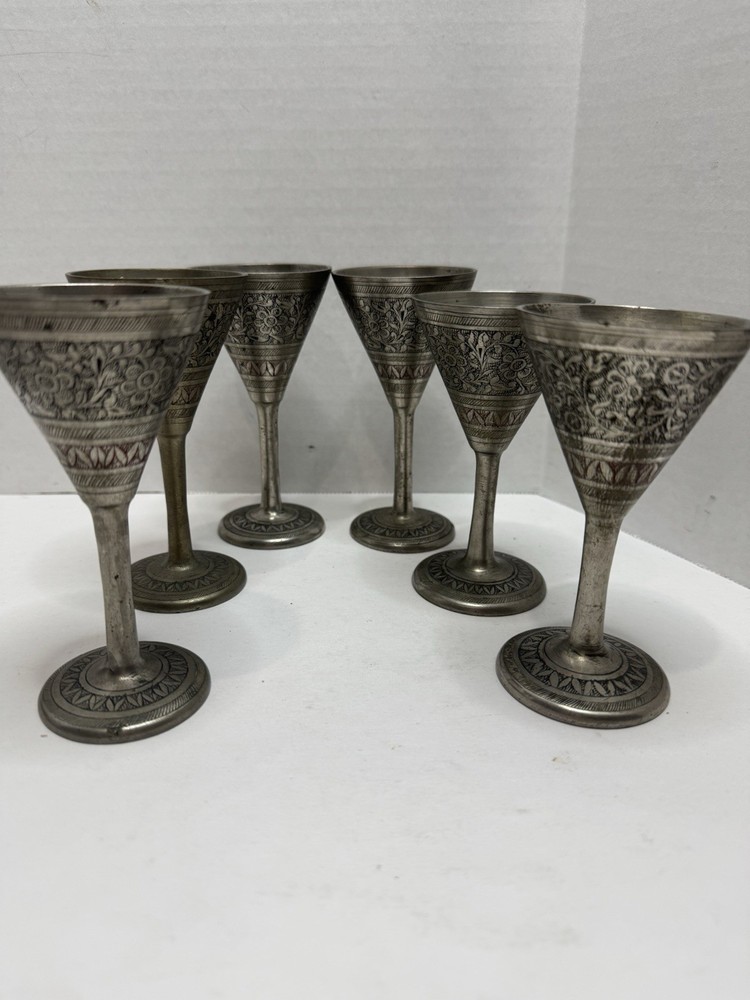 6 Vintage Small Solid Etched Brass Silver Wine Goblets/Whiskey Cups