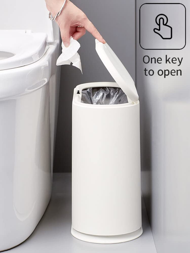 White Slim Rectangular Plastic Trash Can with Press Type Lid,12 Liter / 3.2 G...