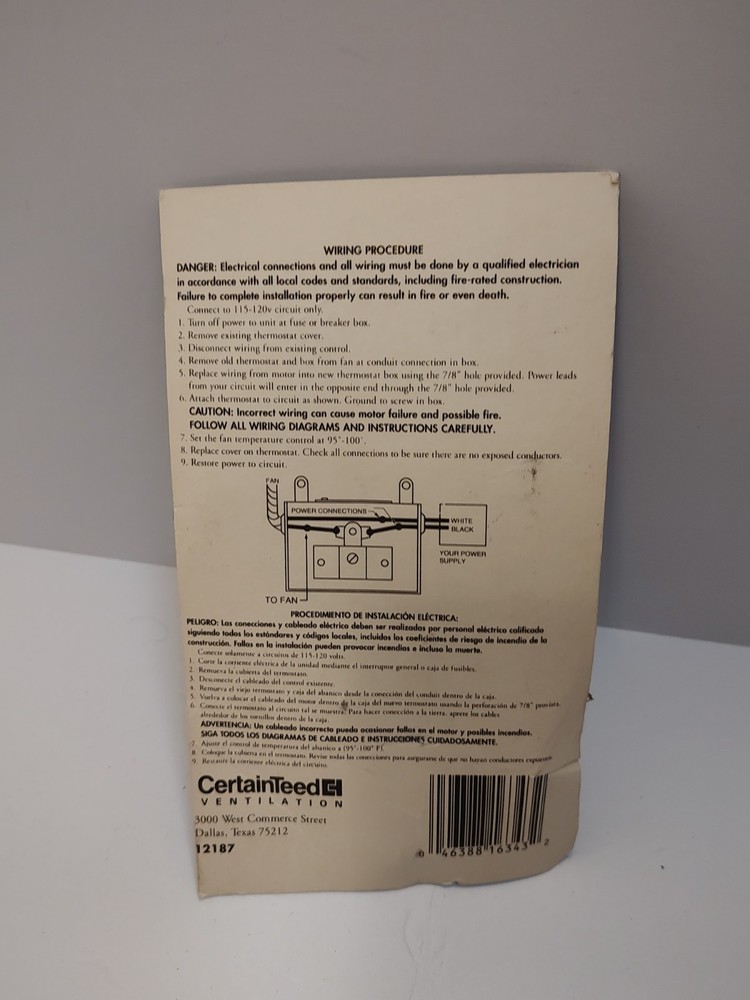 Certainteed Ventilation Adjustable Thermostat Control 12187