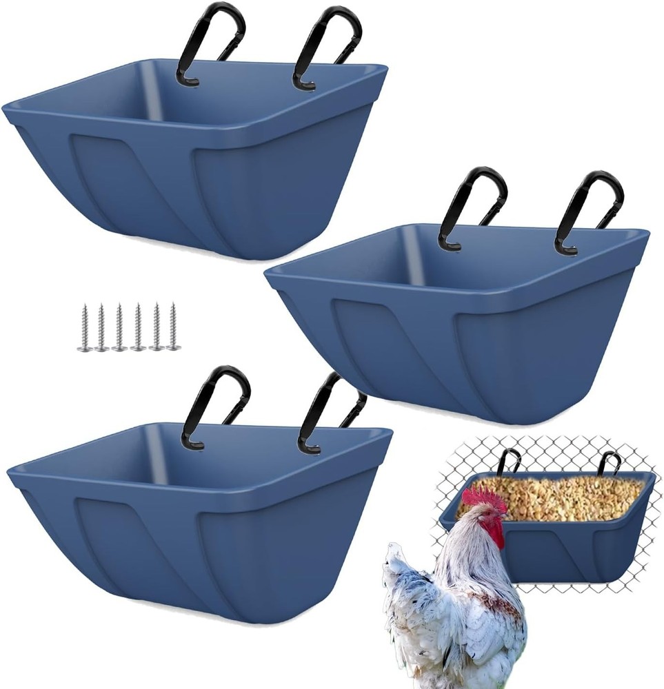 Plastic Hanging Feed Trough for Chickens, Ducks & Goats – Easy Install 3-Pack