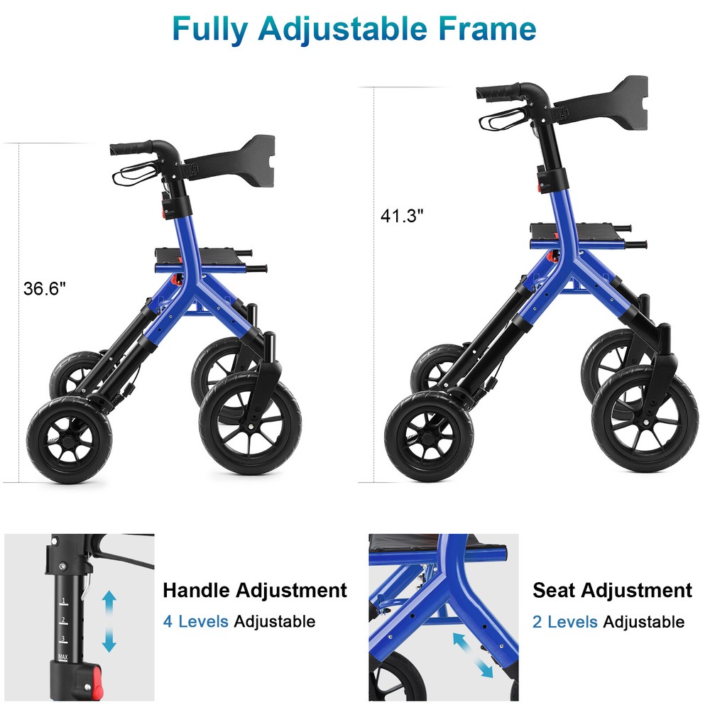MAXWALK Rollator Walker 12in All Terrain Wheels W/ Folding Backrest Adjust Blue