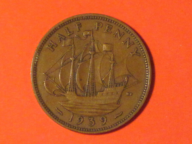 1939 Half Penny - Great Britain - KM# 844  XF