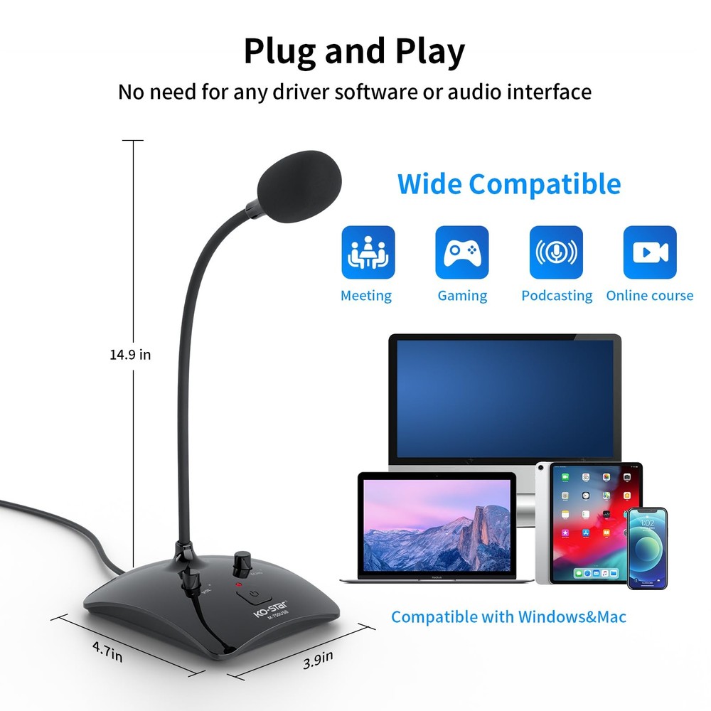 Recording Microphone, Omnidirectional Condenser, Black - Mute Button & LED