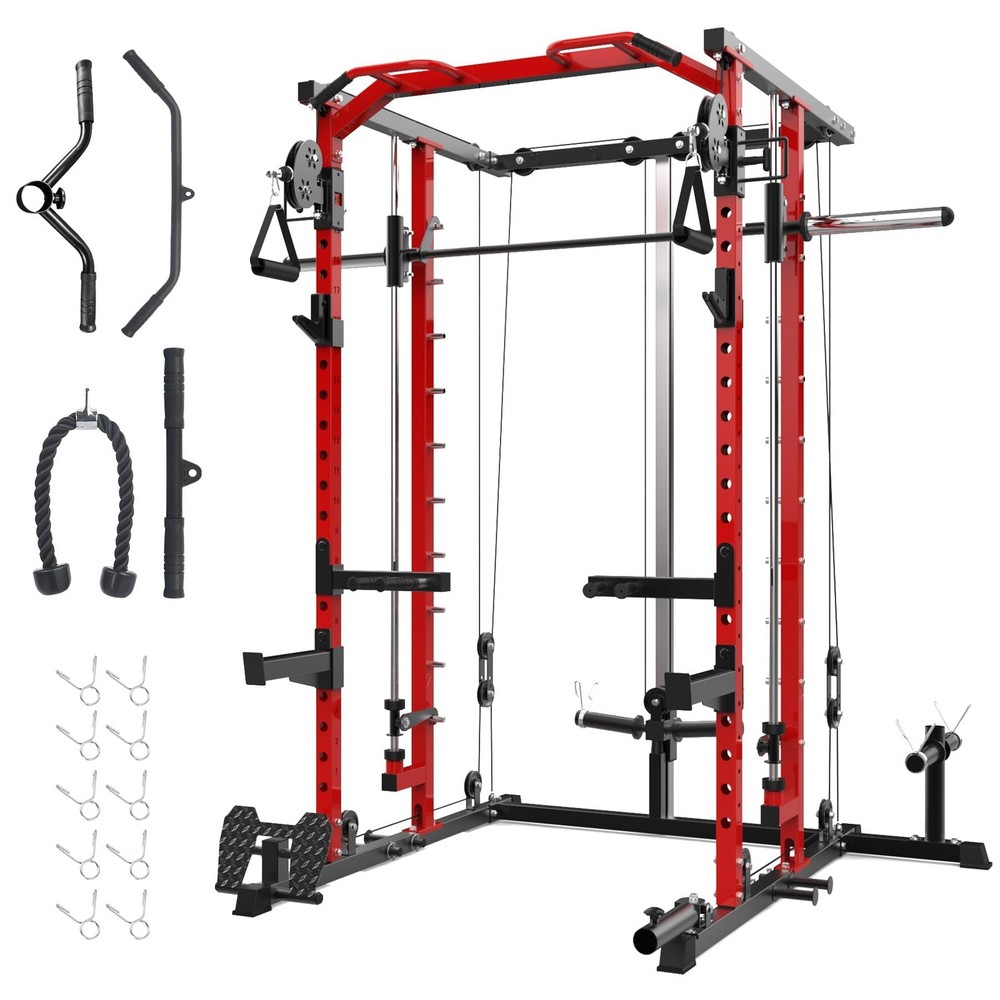 Smith Machine Power Cage Rack with Pulley System Multifunctional Workout Machine