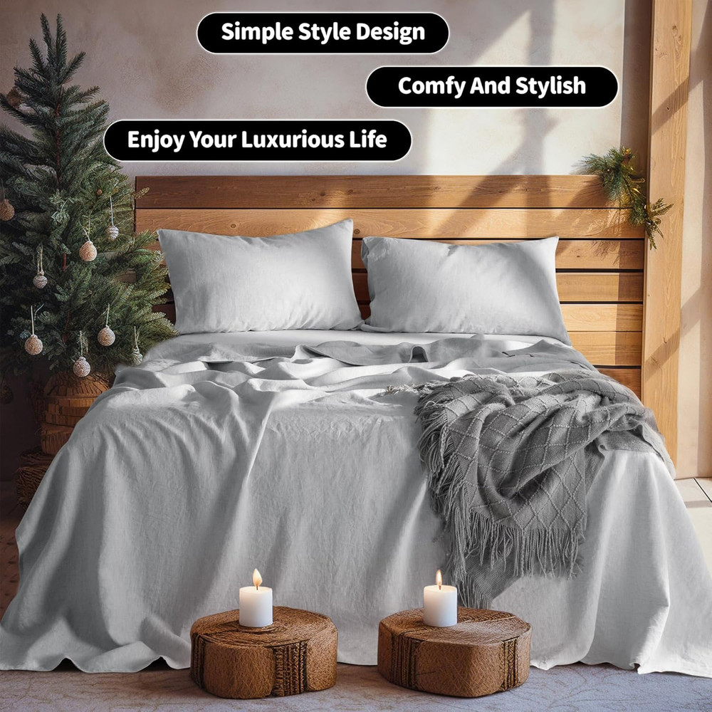 King Size 100% Linen Bed Sheet Set - Soft, Breathable, Deep Pocket - Grey
