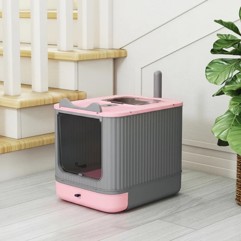 Cat Litter Box with Lid & Scoop for Medium Cats Front-Entry and Top-Exit Pink