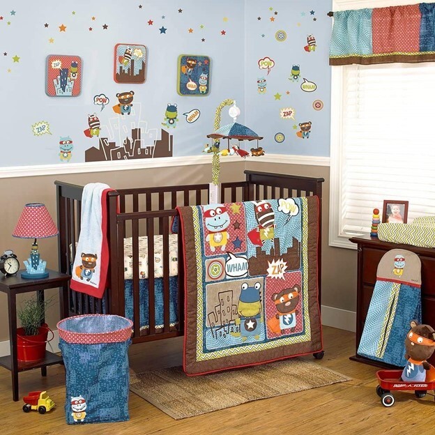 CRIB SIZE COCALO Superhero Pals VALANCE, DIAPER STACKER, SHEET, COMFORTER