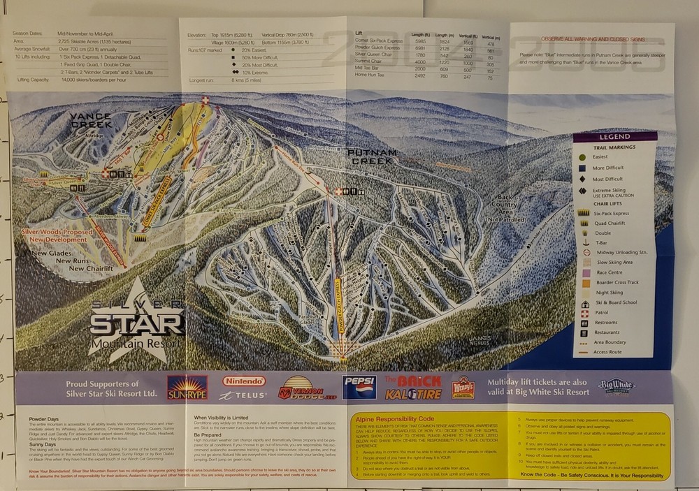 2004/05 SILVER STAR SKI AREA TRAIL MAP B.C. CANADA MINT CONDITION