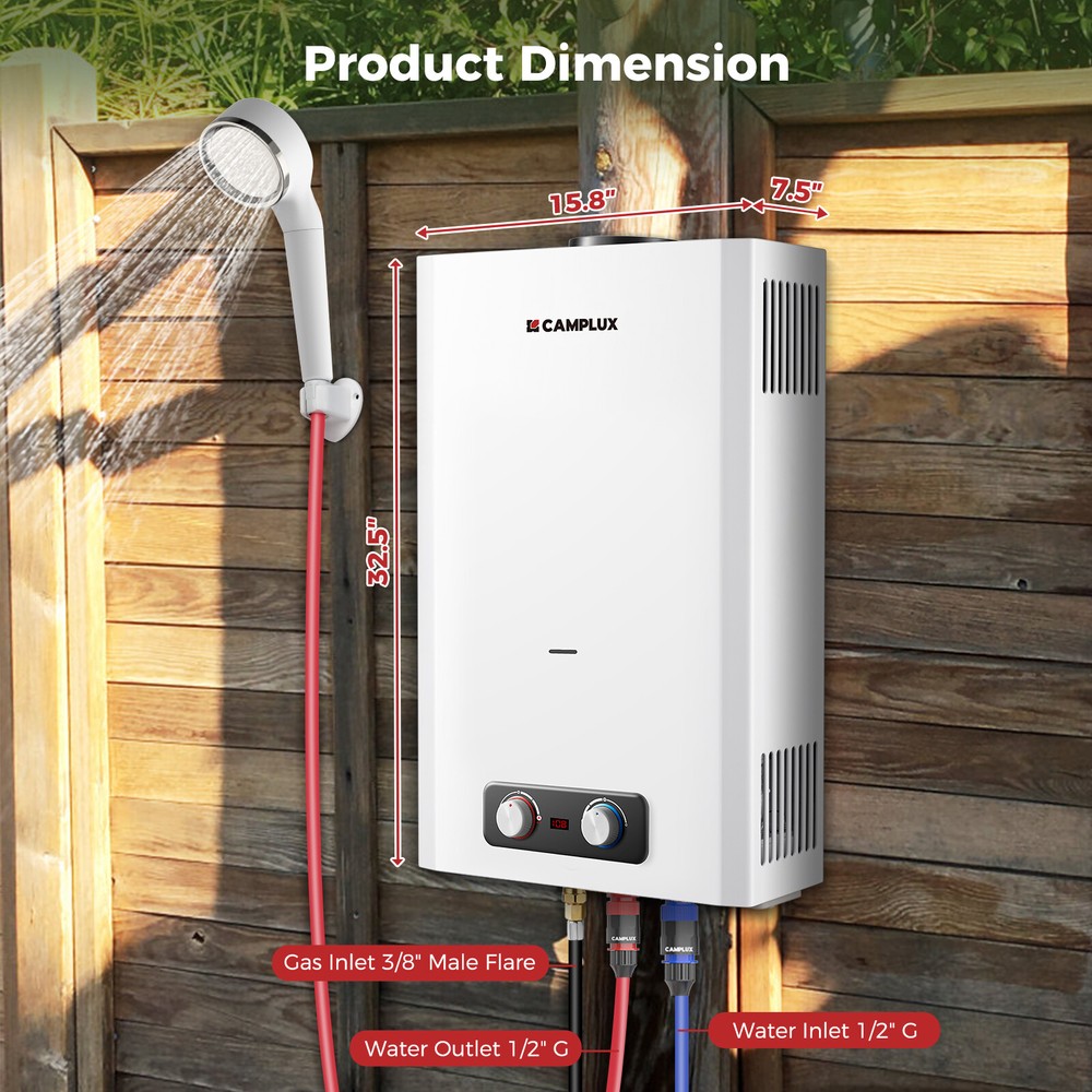 CAMPLUX Tankless Water Heater, 5.28 GPM Propane Water Heater Cabin Tiny House