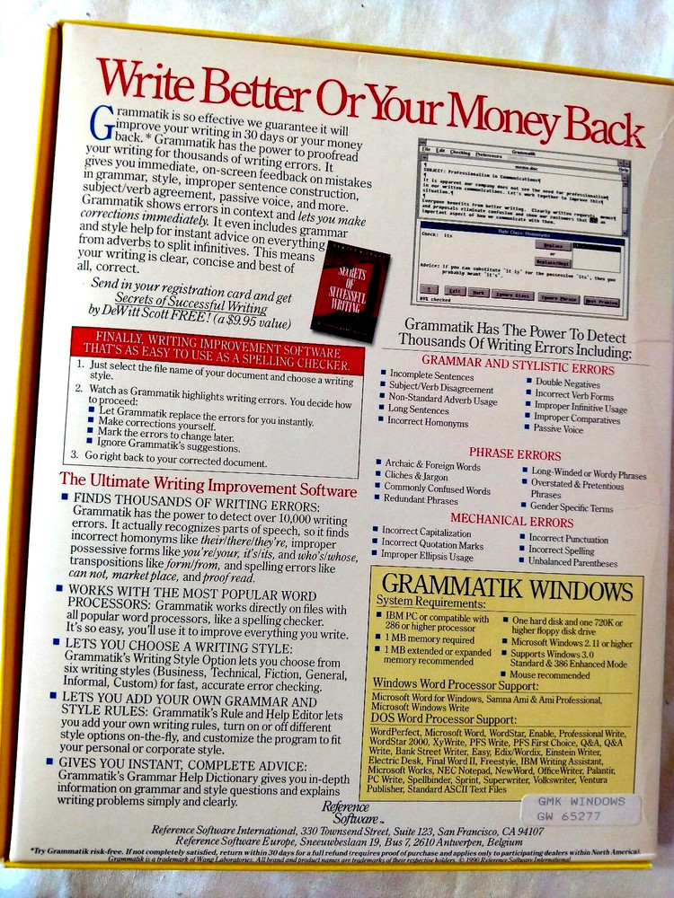 Grammatik Windows 2.11 VTG 1990 Software Easiest Writing Style Improvement Boxed