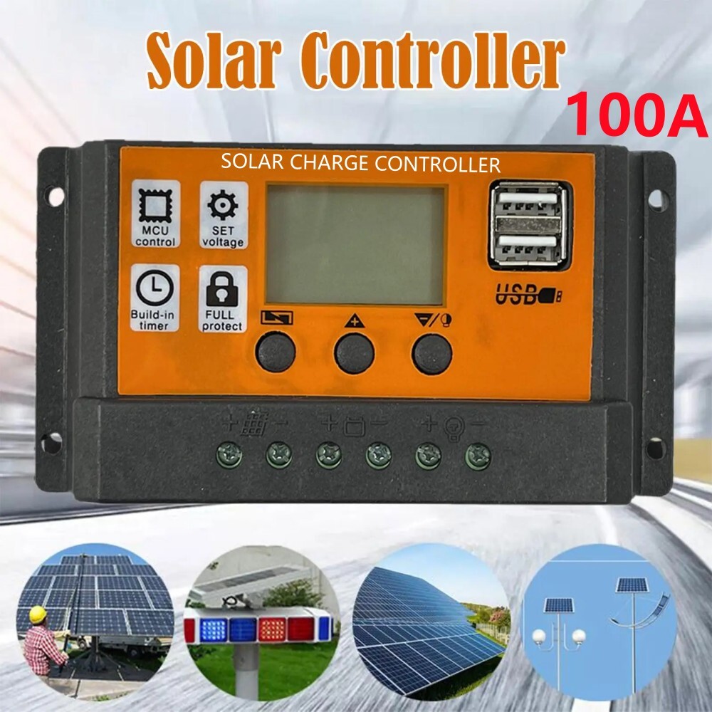 100A Solar Panel Battery Charge Controller 12V/24V LCD Regulator Auto Dual USB
