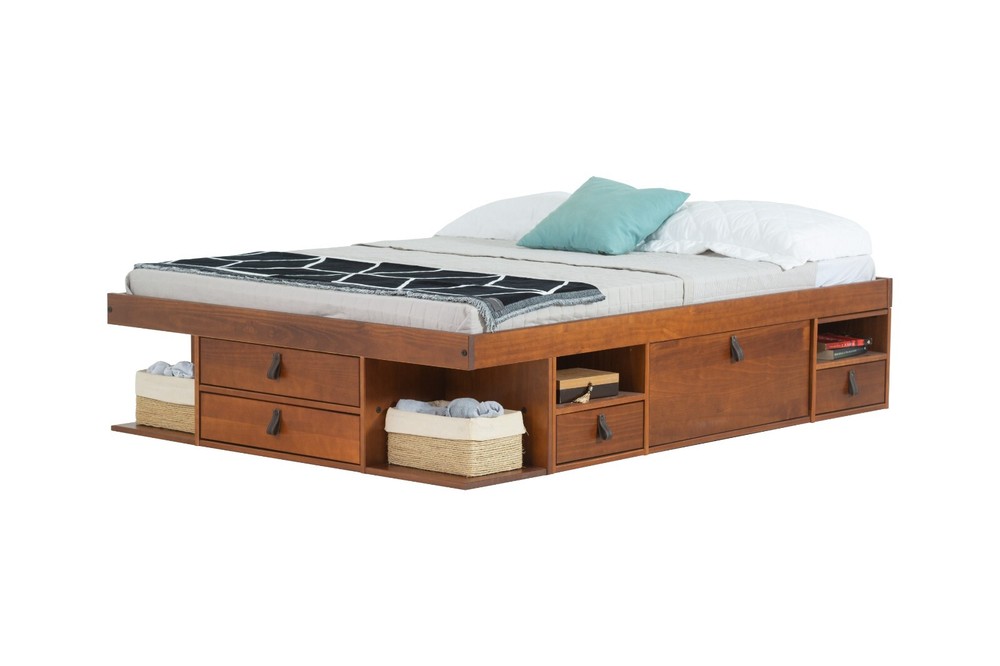 Memomad Bali Bed - Full Size Storage Platform Bed Frame with Drawers (Caramel)