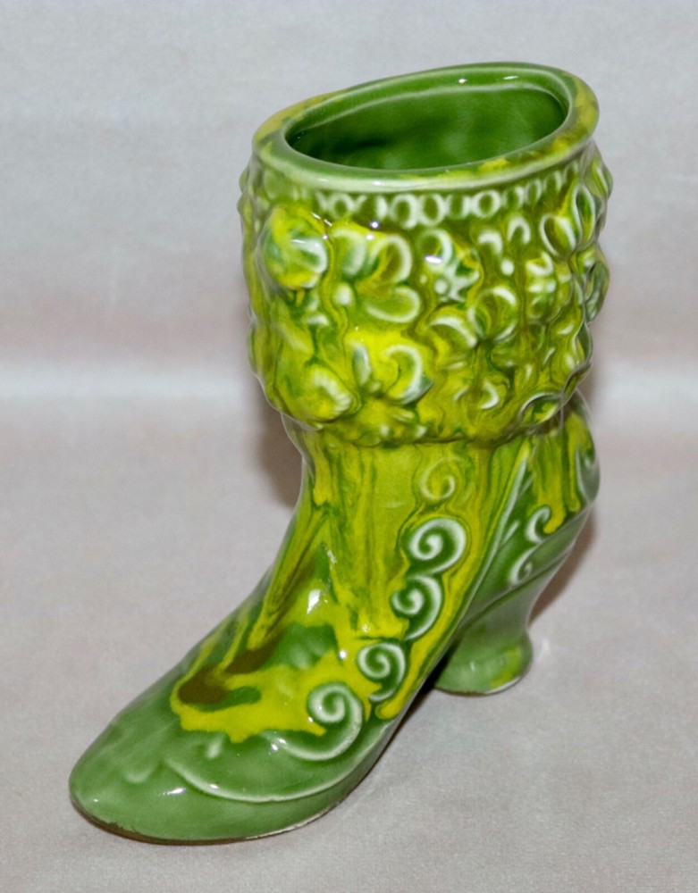 Green & Yellow Glazed Victorian Boot 5.5” Ceramic Planter ~ Vase