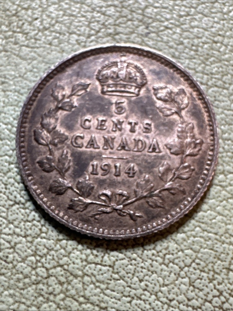 1914 Canada Silver Five Cents - Toned - Solid AU George V