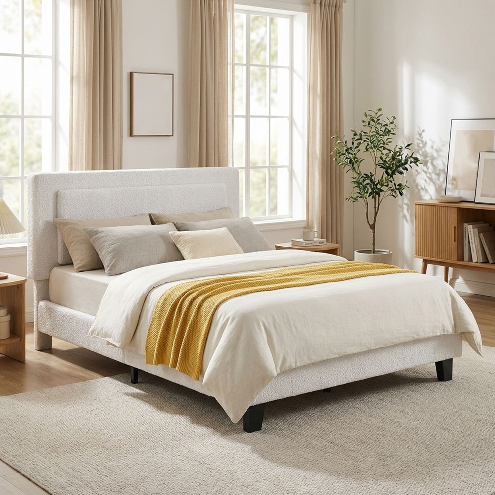 Upholstered Platform Bed Frame with Adjustable Headboard Solid Wood Full Size