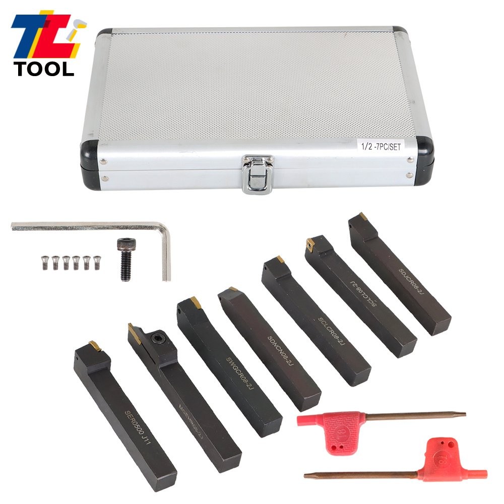 7Pc 1/2" Lathe Tool Bit Thread Insert+Holder Set Carbide Indexable Turning Tool