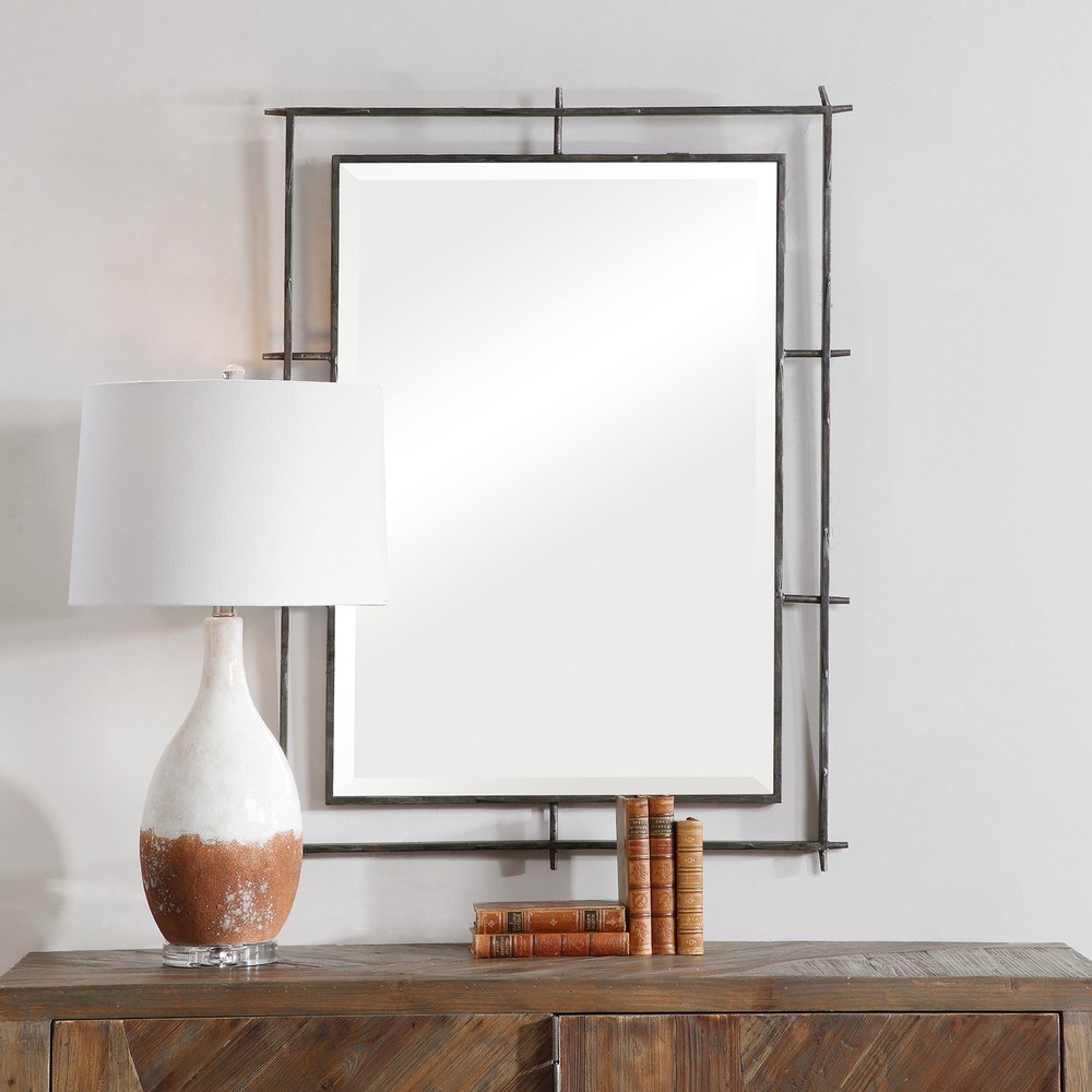 Industrial Style Iron Frame Wall Mirror 40in Open Minimalist Vanity Large Rustic
