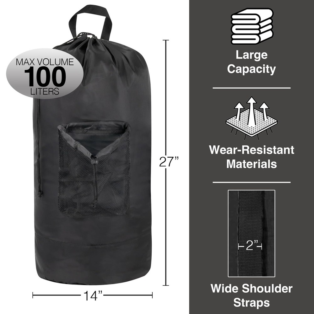 Laundry Sack Backpack with Adjustable Shoulder Straps and Reinforced Mesh, Black