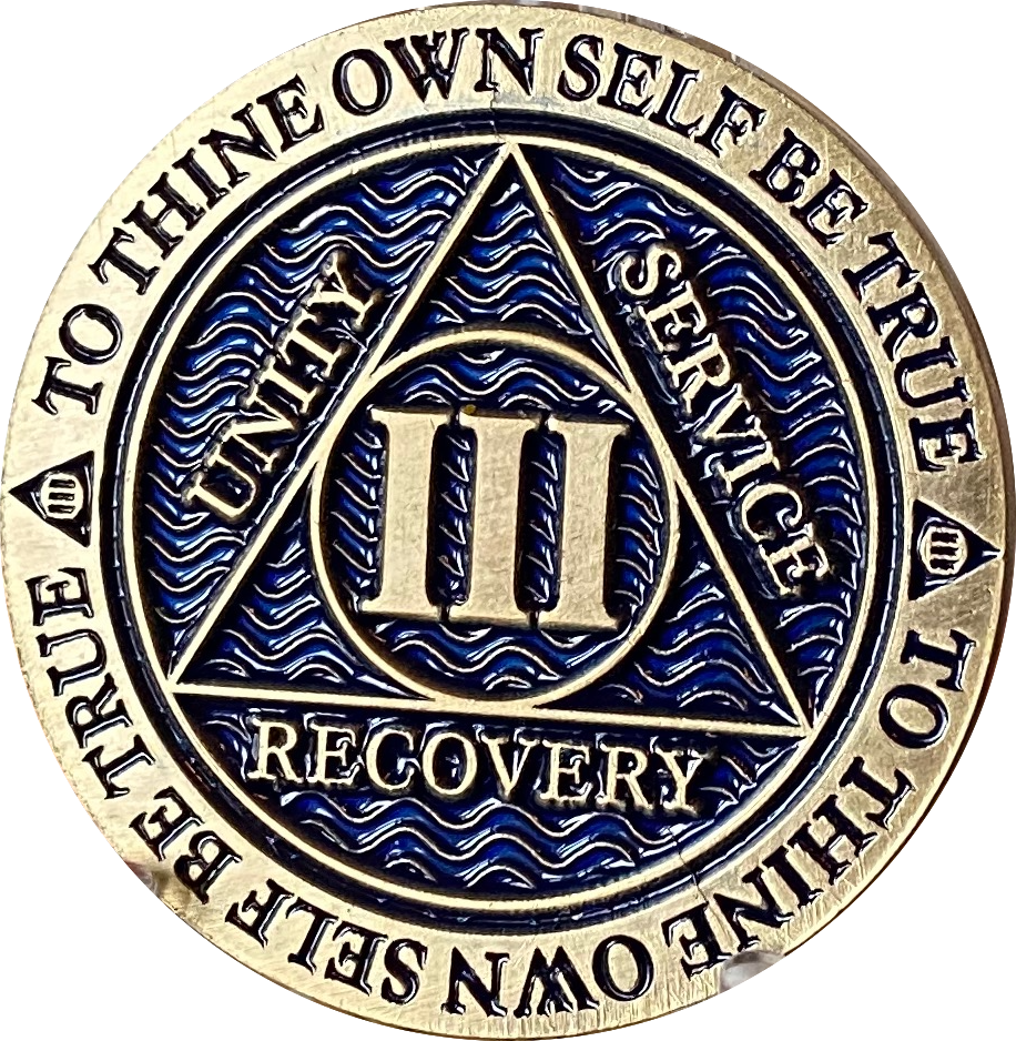 3 Year AA Medallion Antique Reflex Blue Sobriety Chip