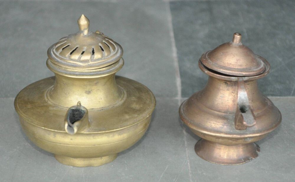 2 Pc Vintage Brass Solid Handcrafted Unique Shape Fine Quality Ghee/Oil Pot