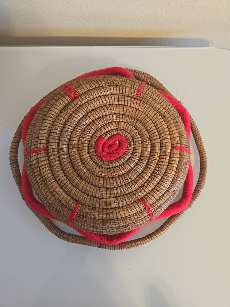 Pine Needle Basket Five-Sided Brown With Red Trim 12"