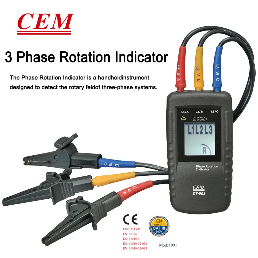 Handheld 3-Phase Rotation Indicator Meter, AC Phase Sequence Indicator 40-690V