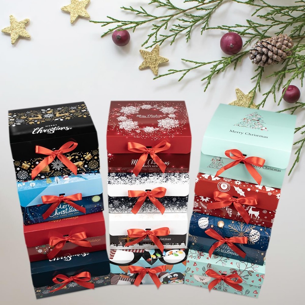 Christmas Gift Boxes with Lids 9 Pack Red Ribbon Themed Pattern Small Presents