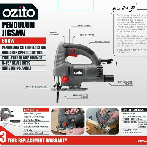 Ozito 680W Pendulum Jigsaw With 3 Blades