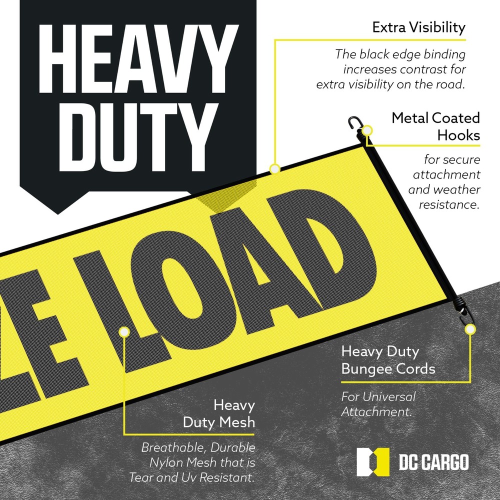 DC Cargo Oversize Load Sign Black Border & Bungee Oversized Load Banner, 2-pack