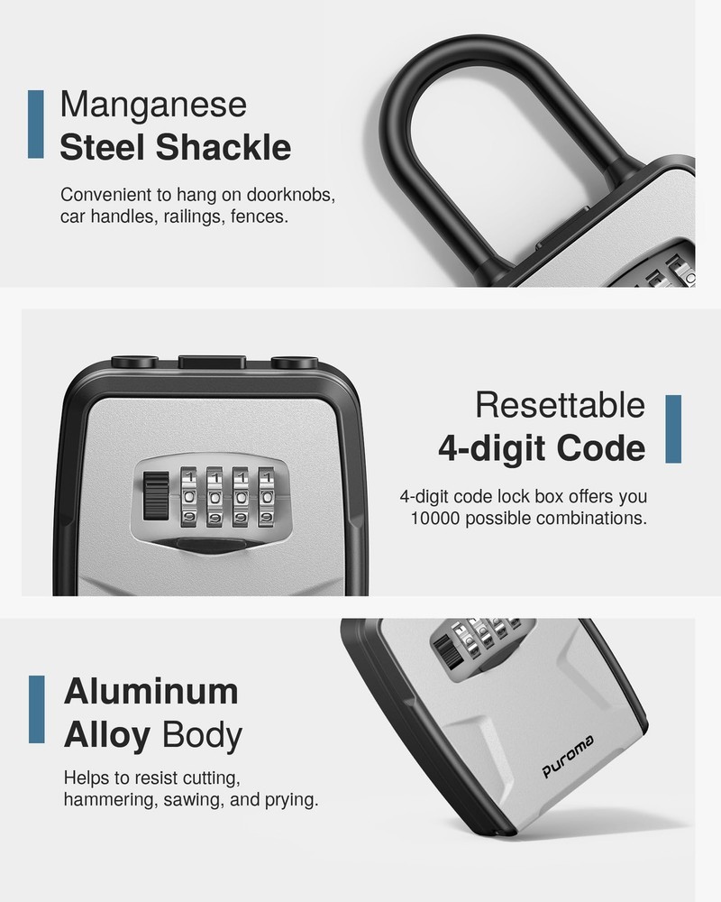 Large Key Lockbox with Hook, Resettable Combination Code Lock Box, Waterproof...