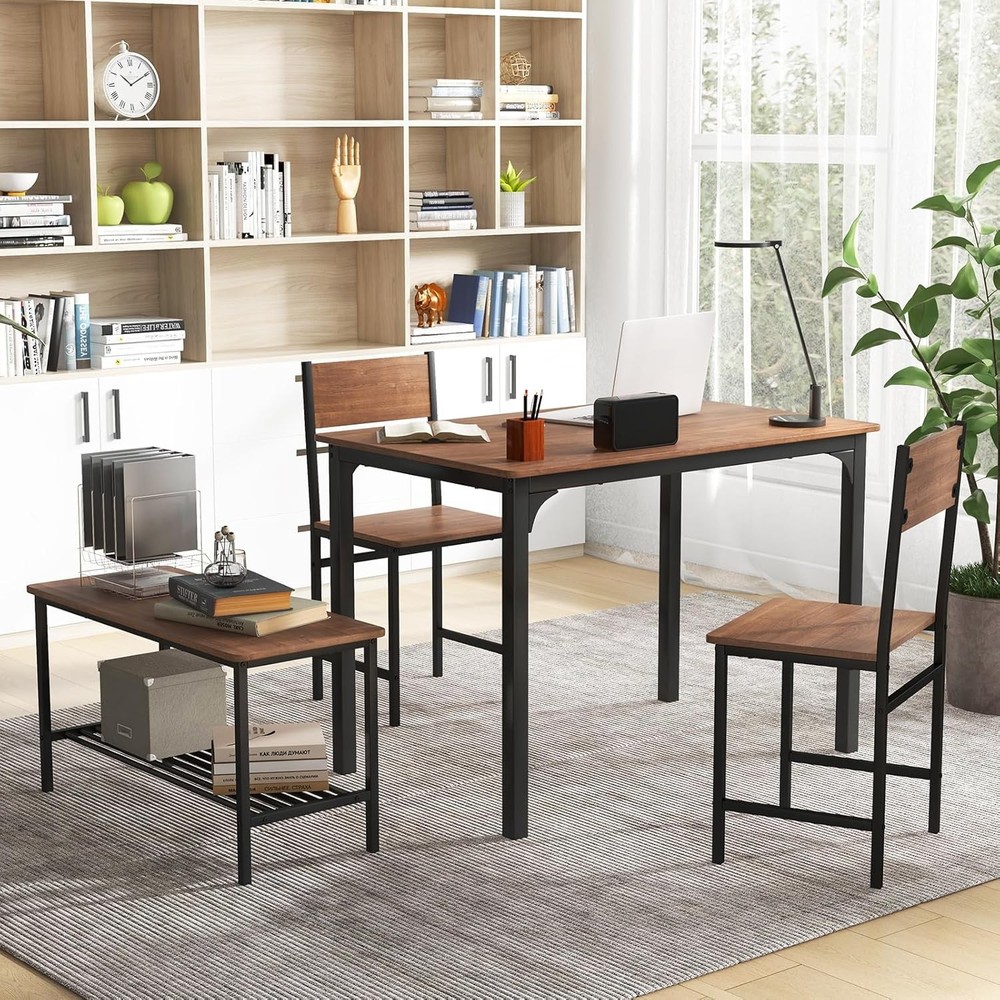 Dining Table Set 4 43" Kitchen Table & Chairs Dining Bench W/ Metal Frame &