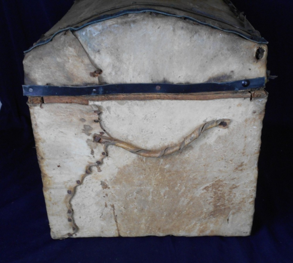 ANTIQUE PRIMITIVE HIDE COVERED DOME TOP TRAVELING TRUNK