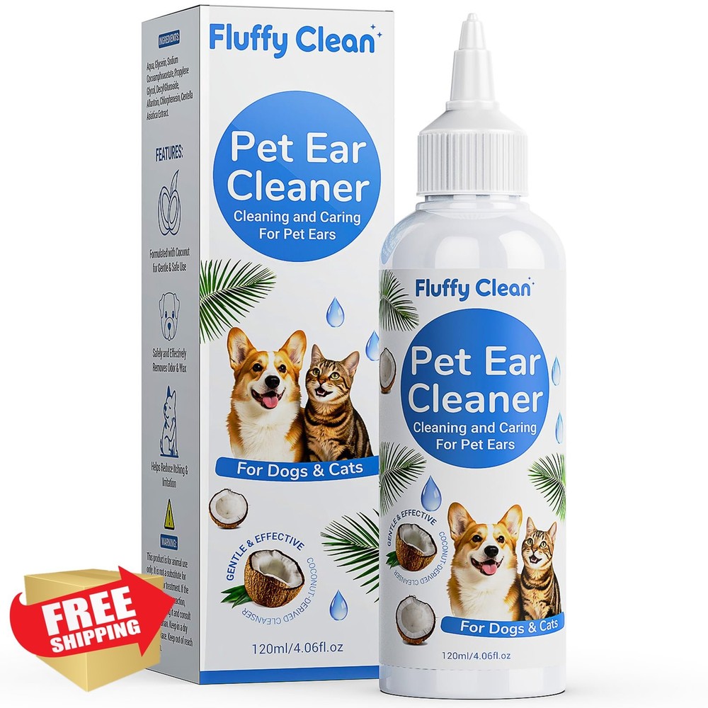 Fluffy Clean Dog Ear Cleaner Wash Flush Drop Solution 4oz Itch Relief Odor
