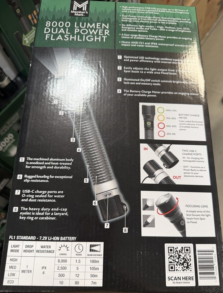 Members Marks 8000 Lumen Dual Power Light LED Flashlight