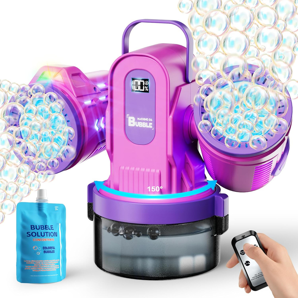 Dual-Engine Bubble Machine with RGB Lights & Remote Control, 150° Auto Rotation,