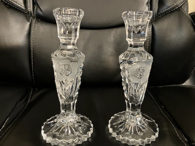 Crystal 8" Ornate Candlestick Pair