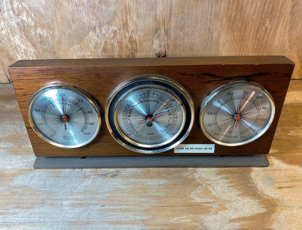 Tabletop Weather Station featuring three analog gauges in a solid wood case