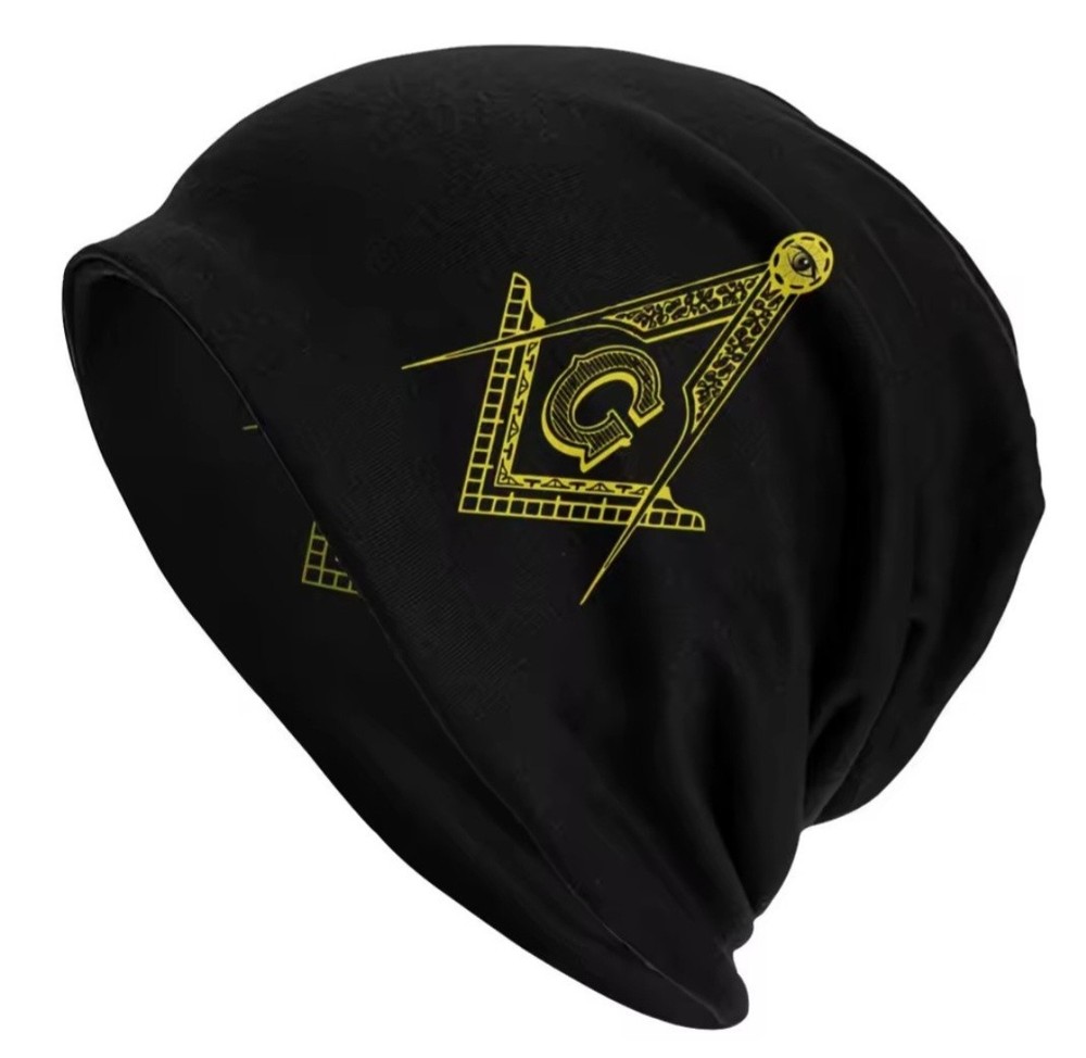 (2 Pack) Black Freemason Beanie Hat Masonic Square & Compass Skull Cap.