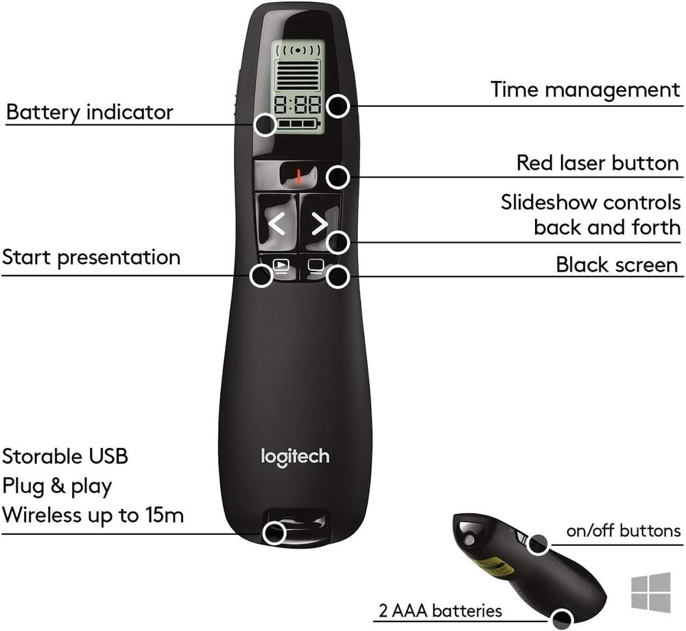 Logitech R800 Clicker Remote | Green Laser Pointer | Wireless Presentation Tool