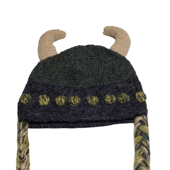 Hand Knit Horns & Braids Viking Hat