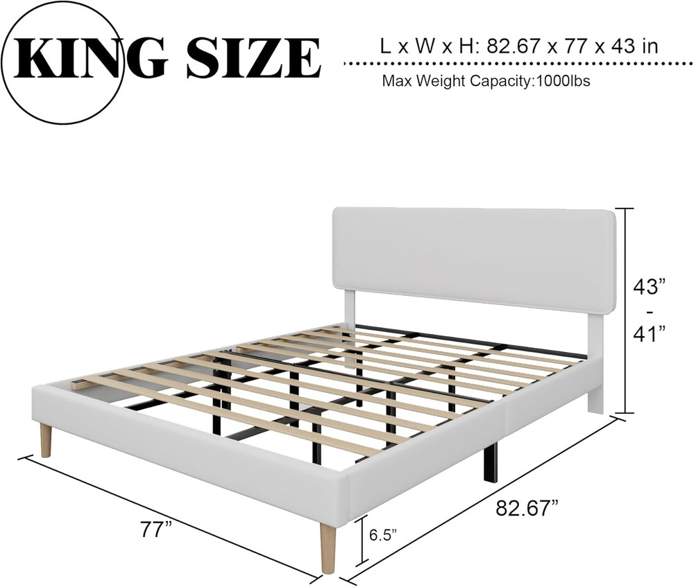 HAOARA King Size Upholstered Platform Bed Frame, PU Leather Adjustable Headboard
