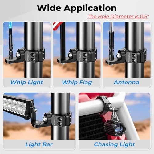 2PCS Thickened UTV Whip Light Mount, Solid Aluminium Alloy UTV Flag Mount,