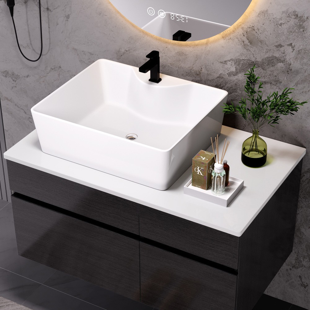 Modern Small Floating Single Bathroom Vanity with Ceramic Sink & Drawer,Black