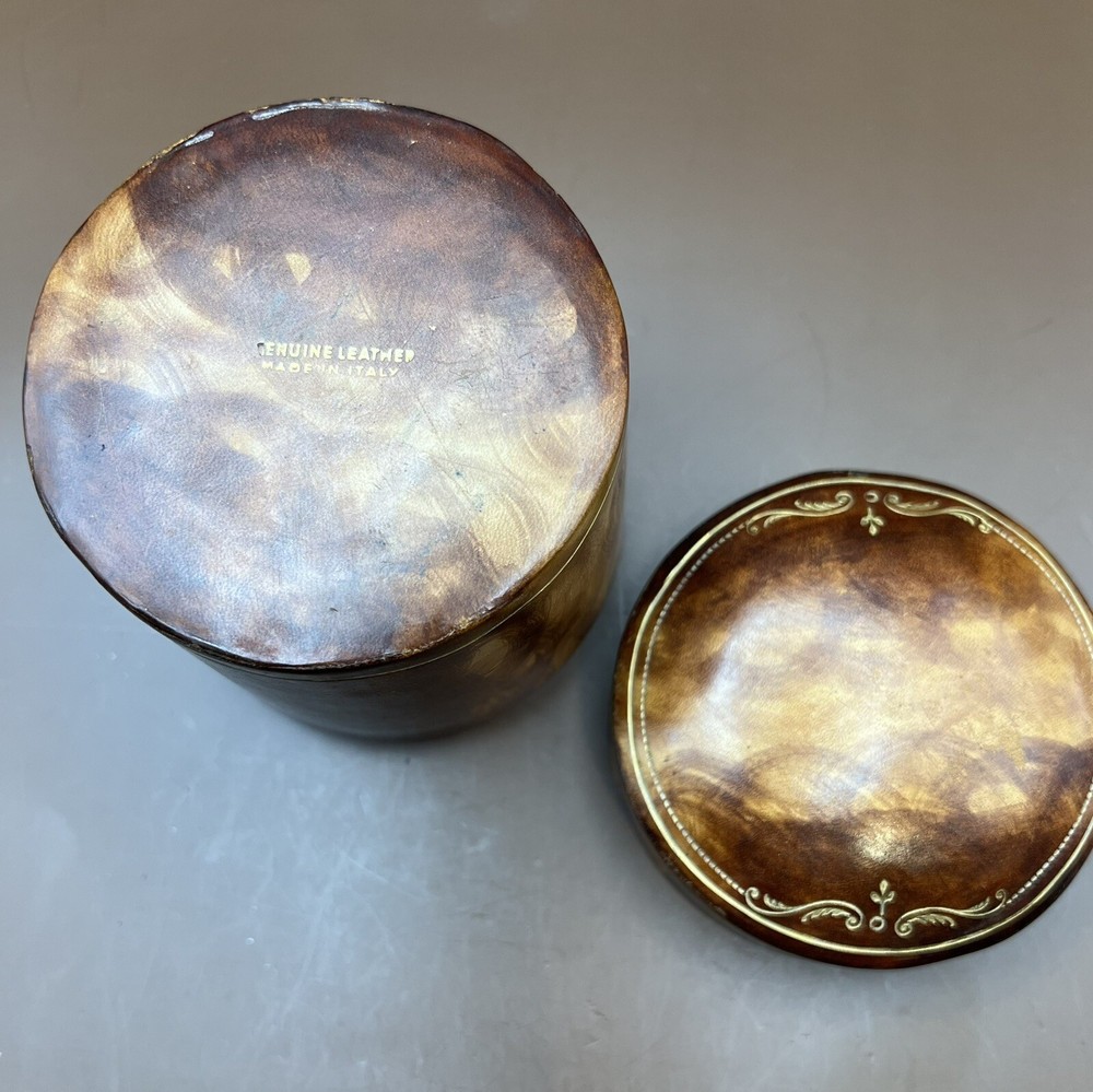 VINTAGE Italian Brown Canister Shaped Leather Box