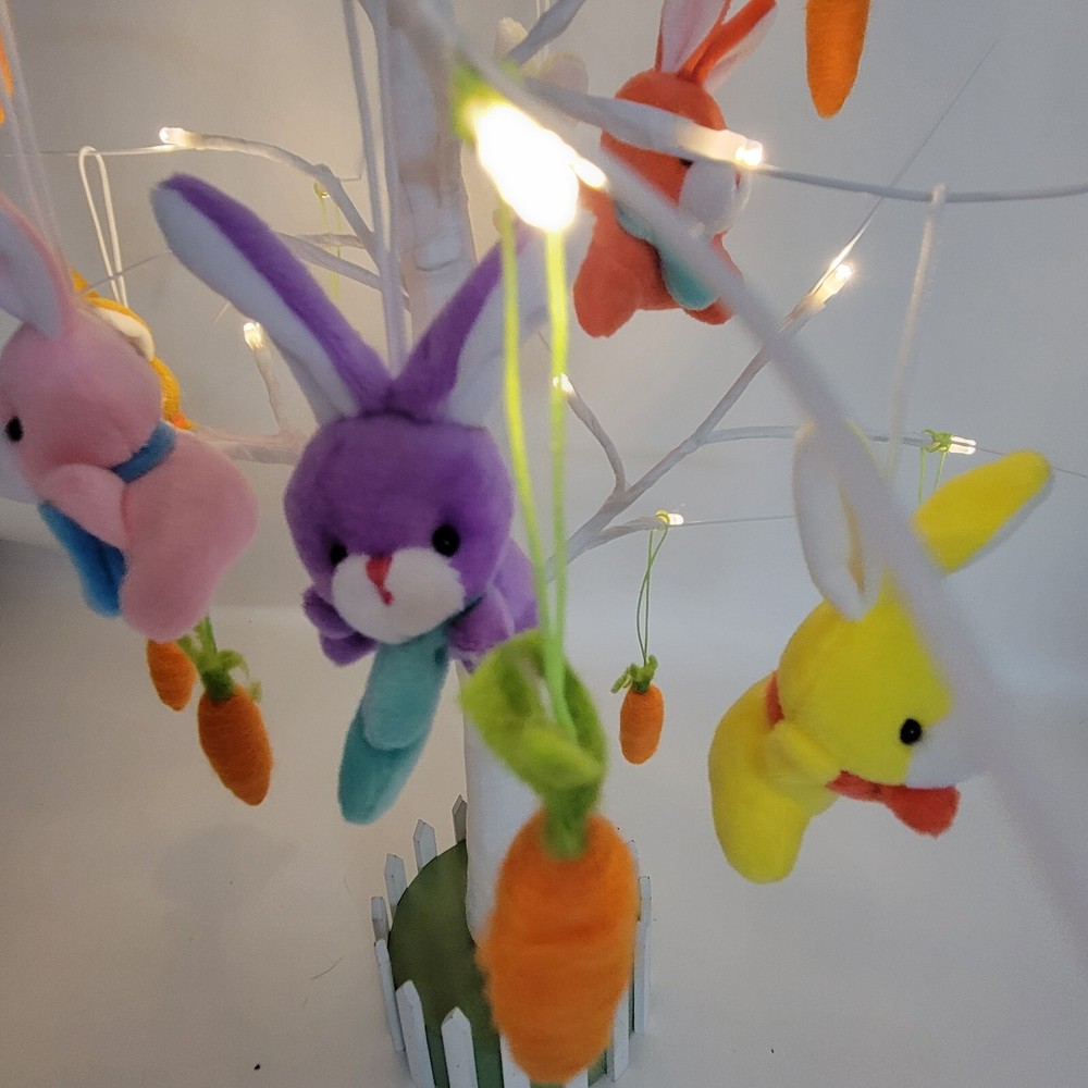Lighted 22 Inch Easter Spring Tree 14 Hanging Plush Ornaments Rabbits Carrots