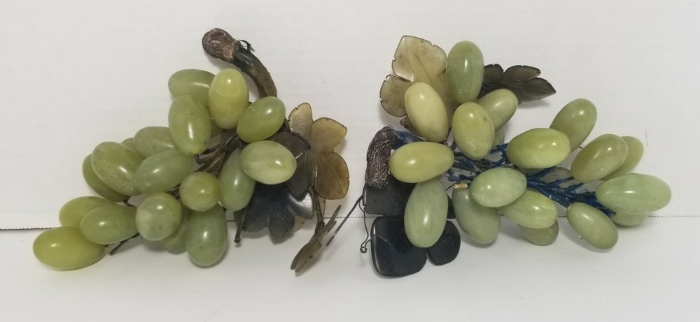 2 Vintage Jade Nephrite Celadon Stone Green Grape Cluster Bunches Fruit MCM
