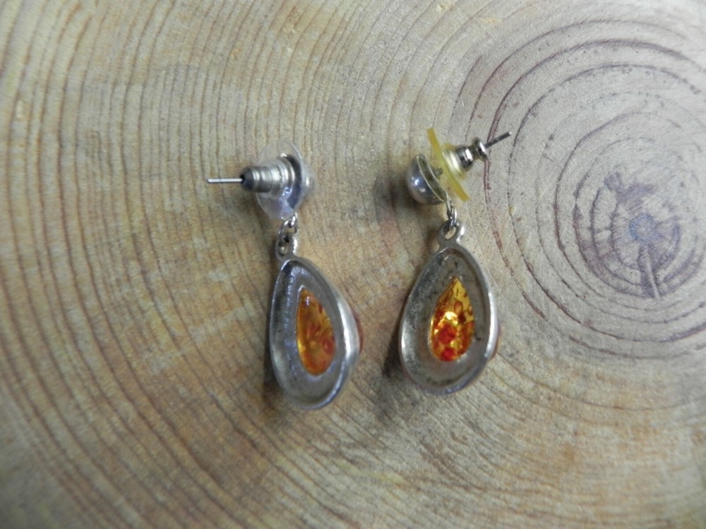 Amber & Sterling Silver Teardrop shape dangle Earrings
