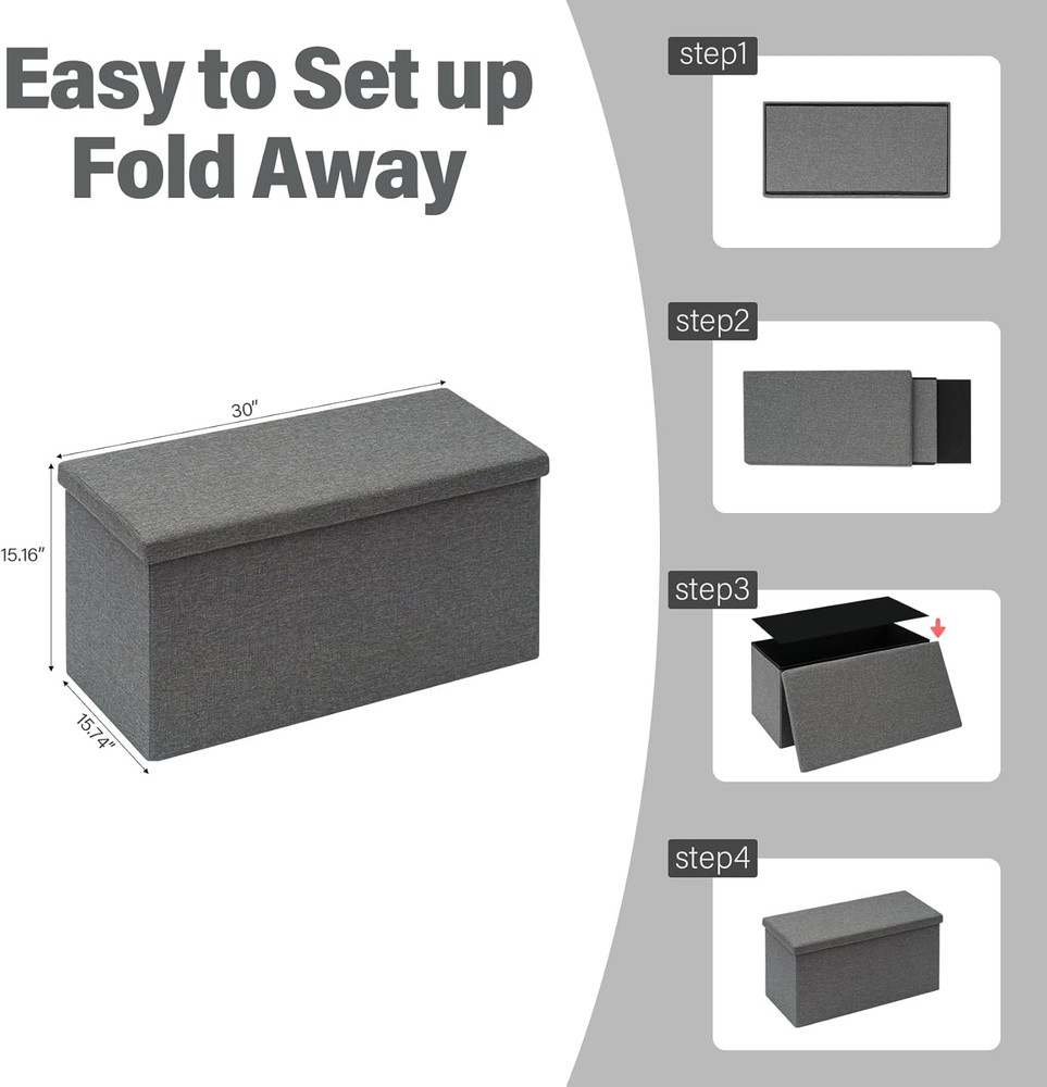 Versatile Folding Storage Ottoman Bench, 30" Grey Cube, 550 lb Capacity