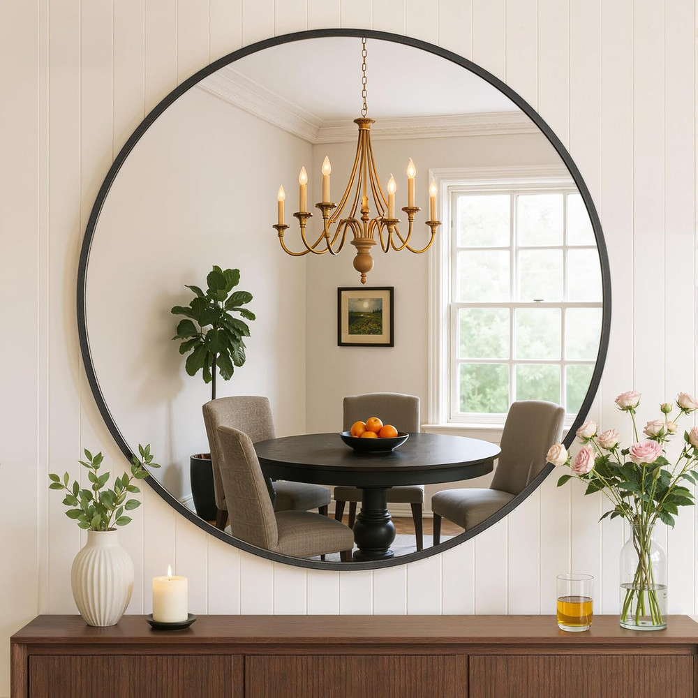 Bathroom Mirror for Wall, 24 Inch round Mirror, Matte Black Metal Framed Circle